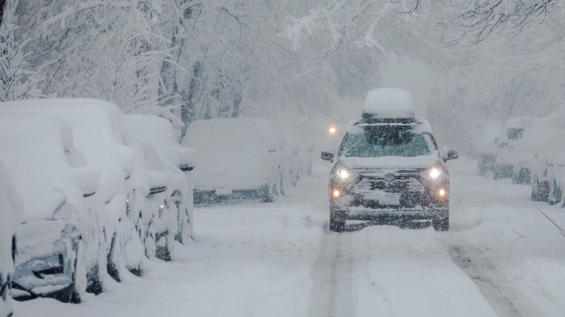 Ein Pkw fährt bei starkem Schneefall durch eine verschneite Allee. Am Straßenrand parken schneebedeckte Fahrzeuge.