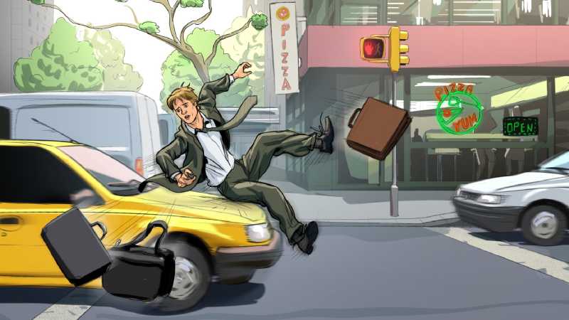 Die Illustration zeigt, wie ein Mann von einem Taxi erfasst wird. Seine Koffer fliegen davon.