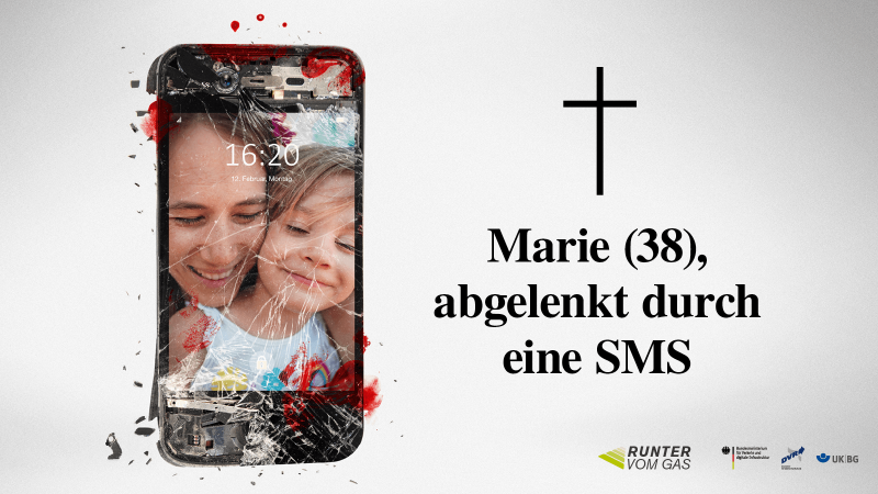 Das Bild zeigt ein Handy mit gebrochenem Bildschirm und Blut und der Nachricht 