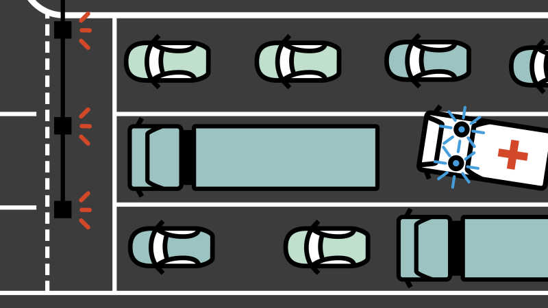 Illustration zeigt Pkw und Lkw die auf einer dreispurigen Fahrbahn an einer roten Ampel stehen. Von hinten nähert sich ein Krankenwagen, der Weg ist versperrt. 