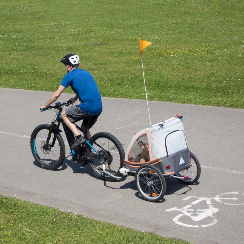 Ein Mann fährt mit dem Rad auf dem Fahrradweg. Dem Rad angehängt ist ein Kinderanhänger. 