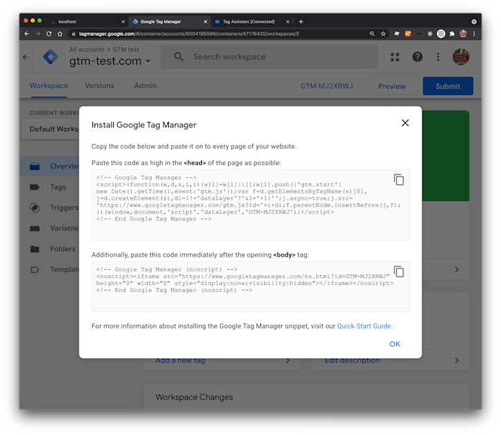 Modal displayed by GTM after creating an account, it contains the scripts I mentioned in this article