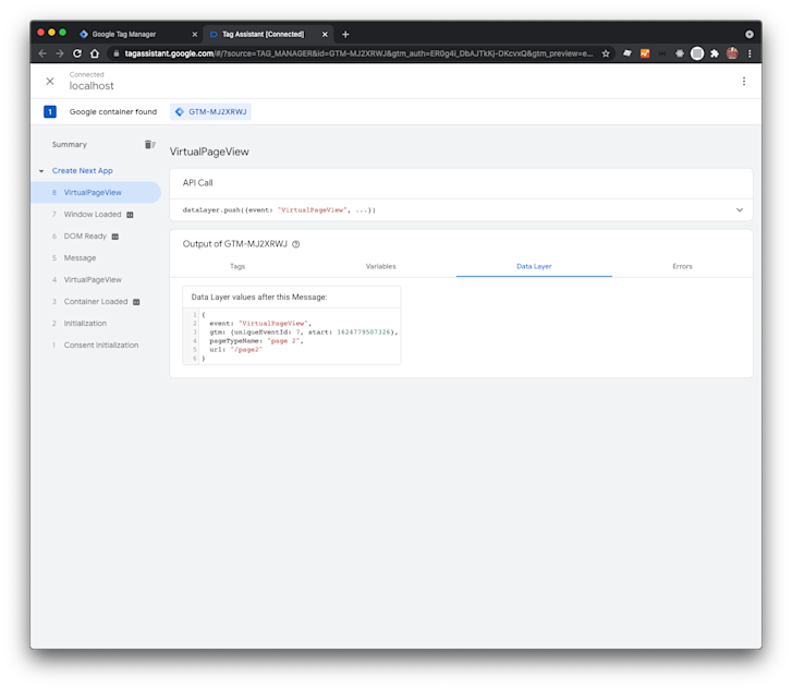 Now, when using client-side navigation, VirtualPageView is visible from GTM dashboard and the dataLayer