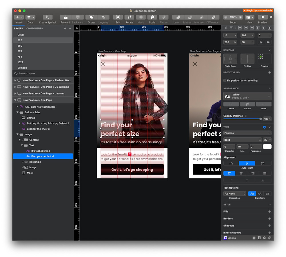 Screen shot displaying use of Origin's grid system and typographic layer styles in Sketch.