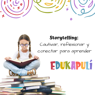 niña sentada sobre libros leyendo un libro que lleva en sus manos