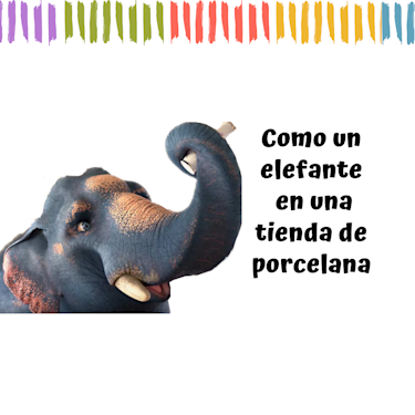 ilustración del corto como un elefante en una tienda de porcelana, elefante sujetando en su trompa un adorno de porcelana