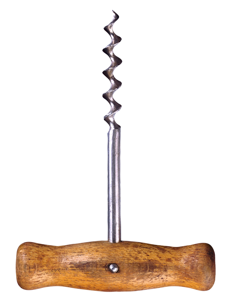 A metal corkscrew with a wooden handle.