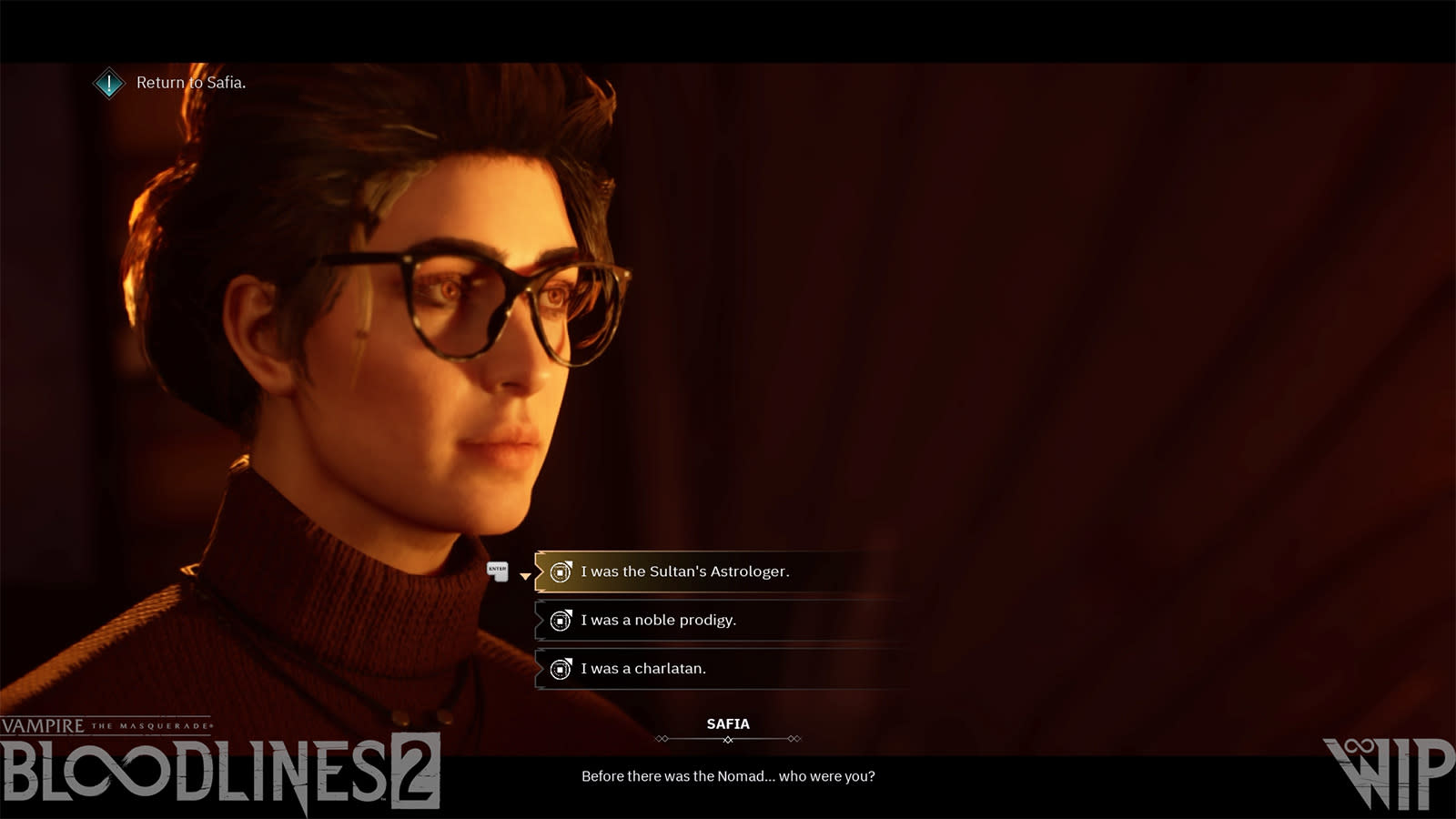 6. In-game screenshot of Safia discussing the Legend of the Nomad.