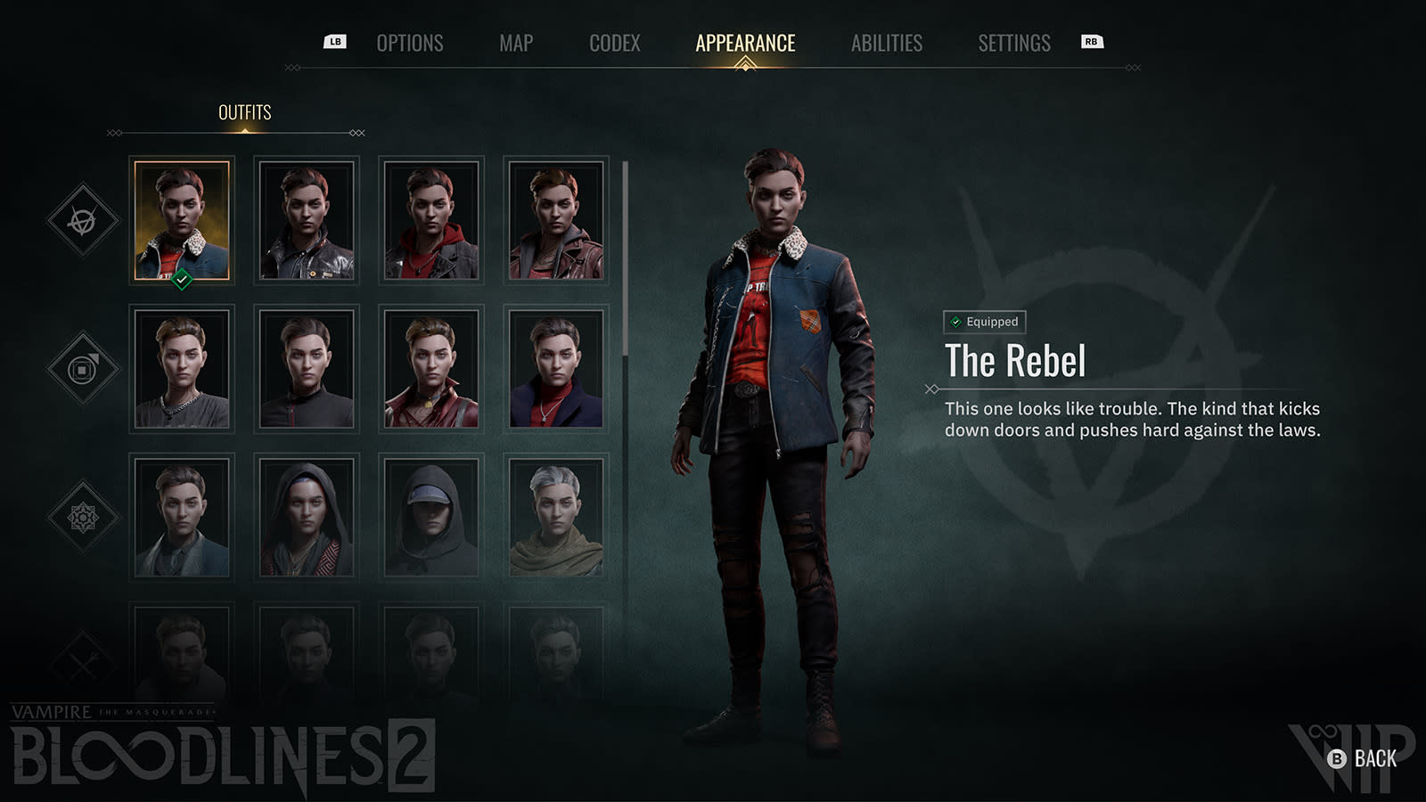 In-game outfit menu with the four base clan outfits unlocked