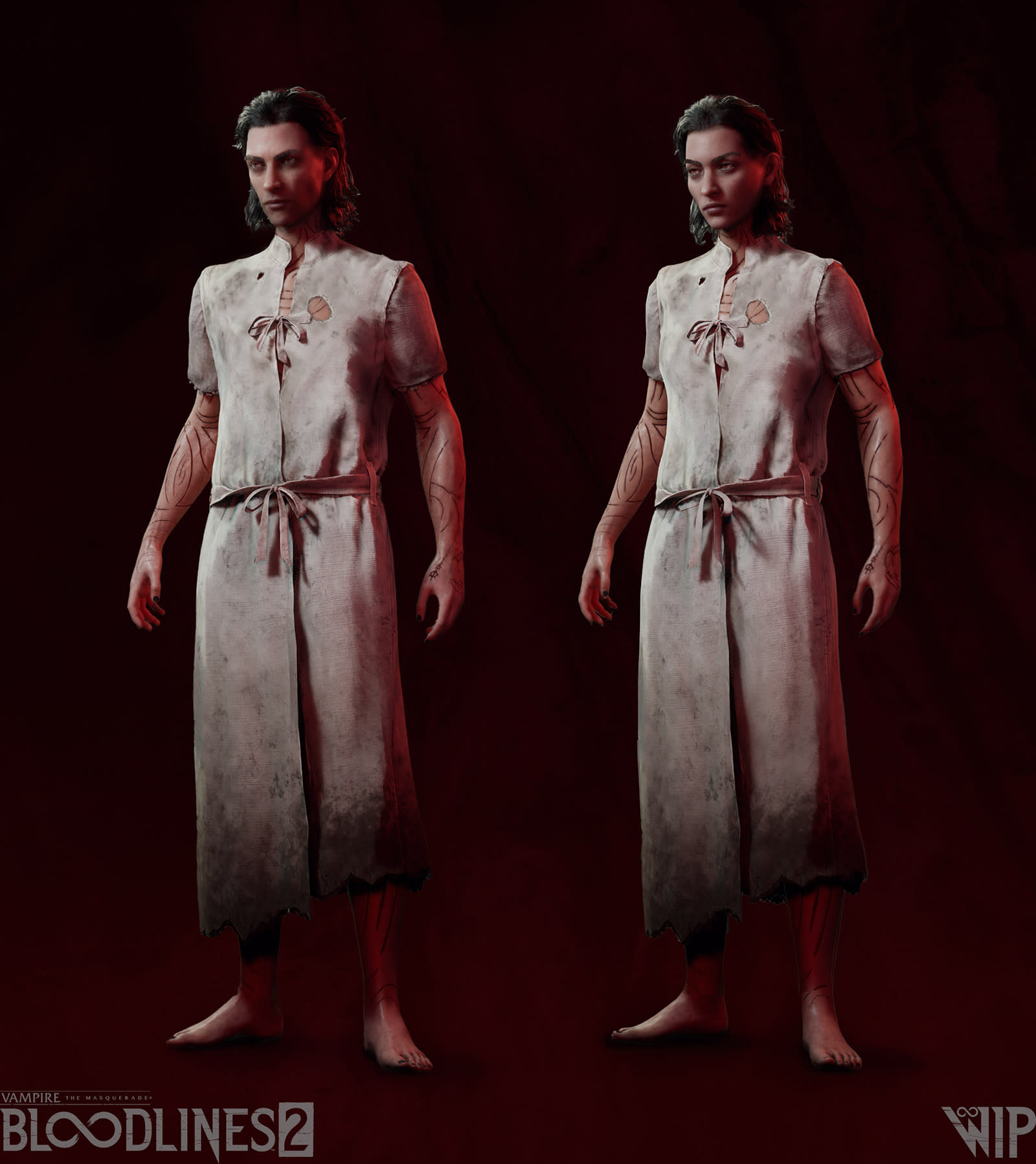 1. Masculine and feminine side-by-side renders in the robes you start the game wearing.