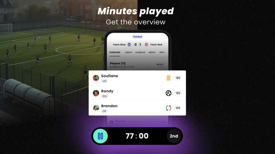 Houd het aantal minuten gespeeld en de wissels bij met de Mingle Sport app