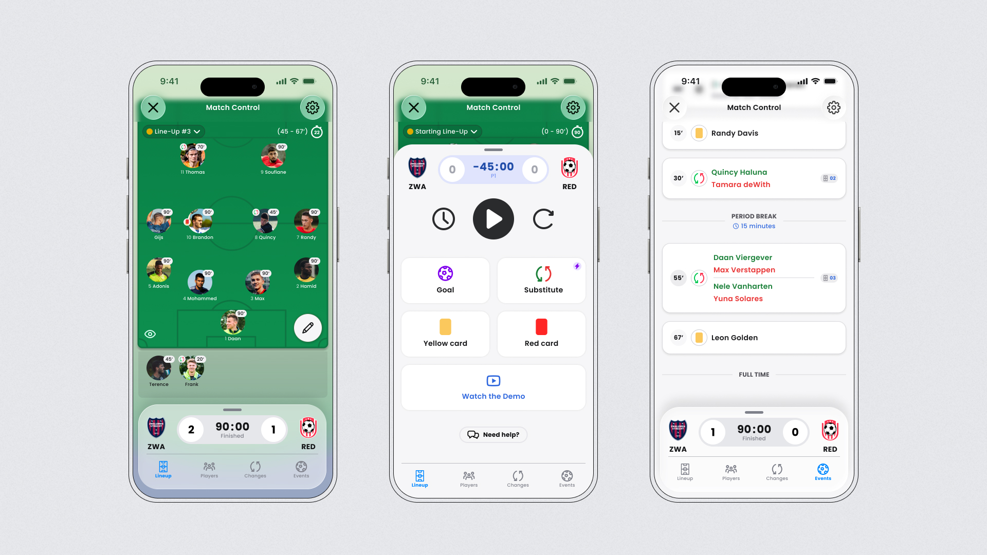 Advanced scorekeeping met kaarten, wissels en doelpunten