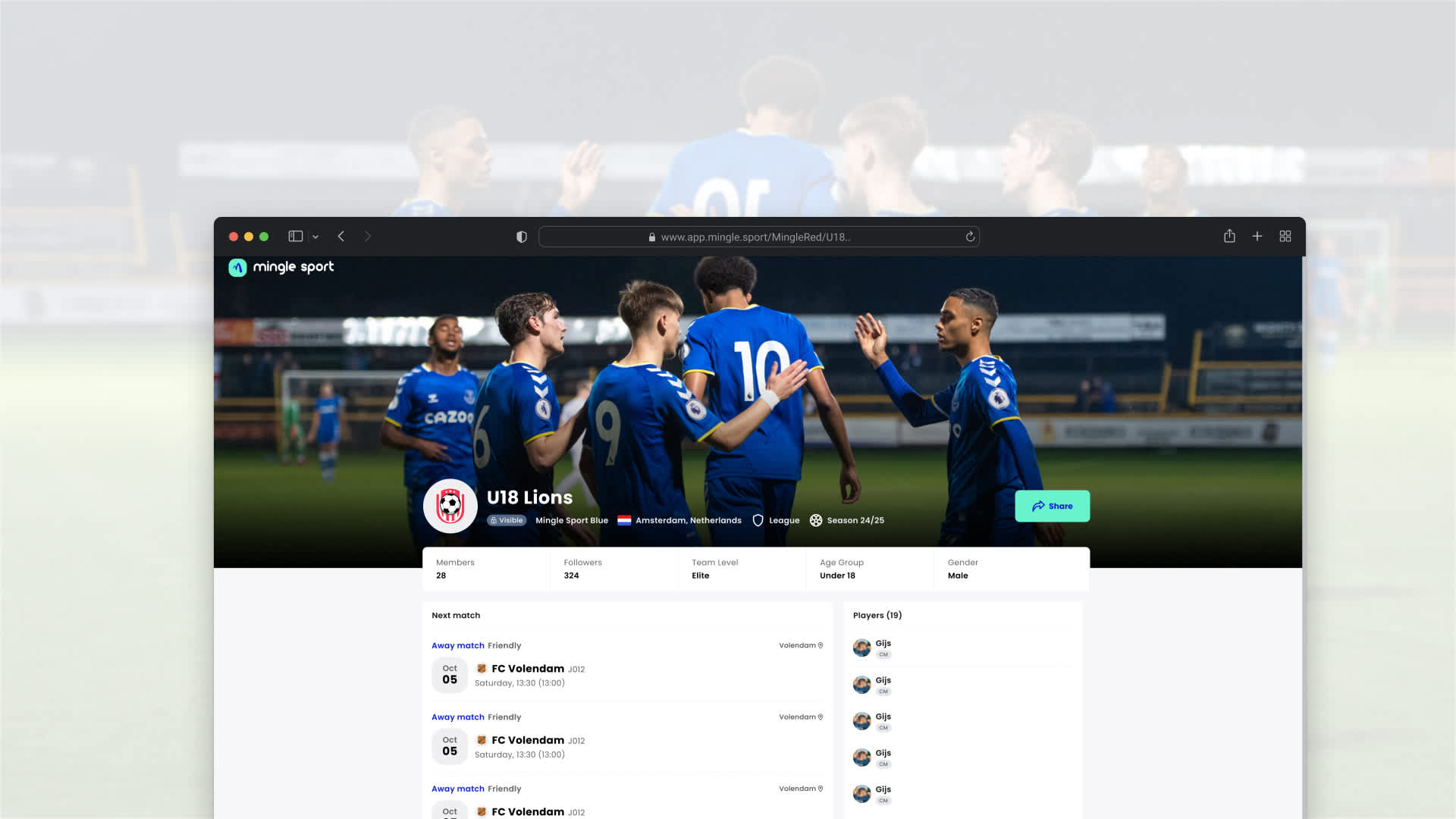 Share a football team page