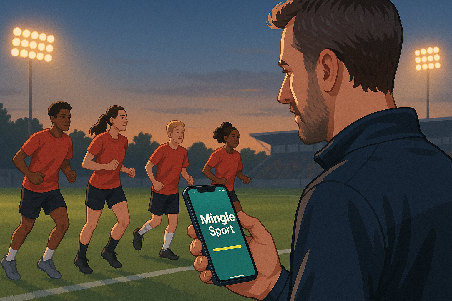 Coach using Mingle Sport on the sideline at sunset | Season kickoff header image