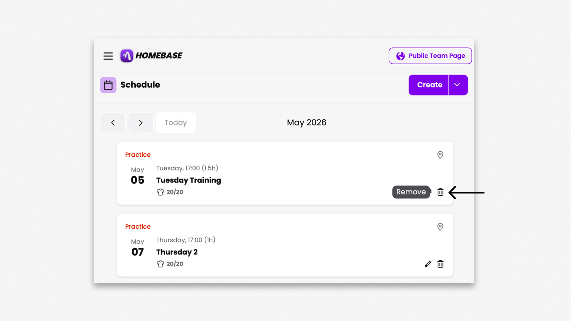 Help article Visual - Delete a Training in Homebase 