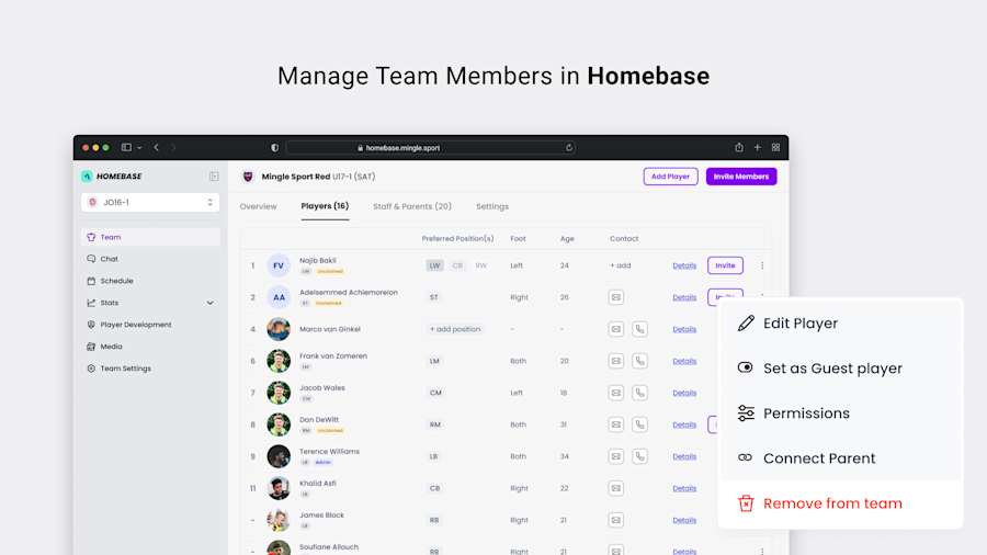 Homebase desktop web app voor voetbal- en voetbalteams voor statistieken van aanwezigheid en prestaties