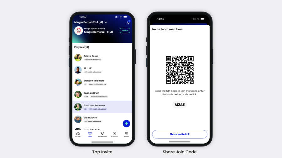 Nodig spelers uit voor je voetbalteam met de Mingle Sport app terwijl je je team en management instelt