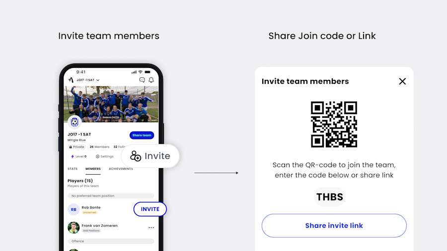 Nodig spelers uit voor je voetbalteam met de Mingle Sport app terwijl je je team en management instelt