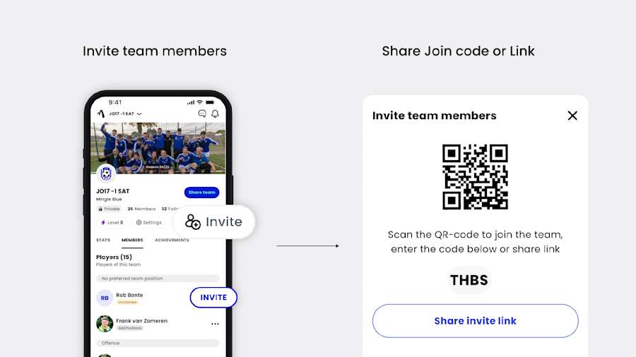 Invite members for your football or soccer team with the Mingle Sport app while setting up your team and management