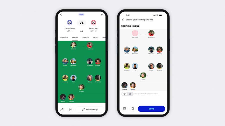 Visual of customise your lineup for your grassroots soccer football team, create it with the Mingle Sport app