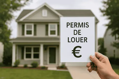 maison américaine avec au premier plan une main qui tient un papier "permis de louer"