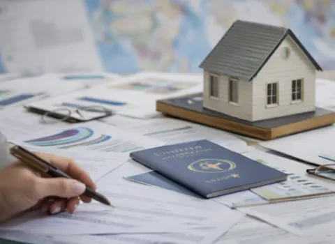 graphiques et maquettes de maisons pour illustrer un investissement immobilier géré à distance