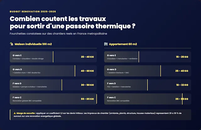  Coût des travaux de rénovation pour sortir d'une passoire thermique DPE F ou G en 2026