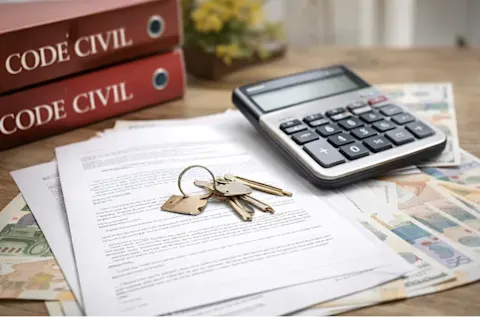 Documents immobiliers, clés, calculatrice et dossiers juridiques liés à une succession