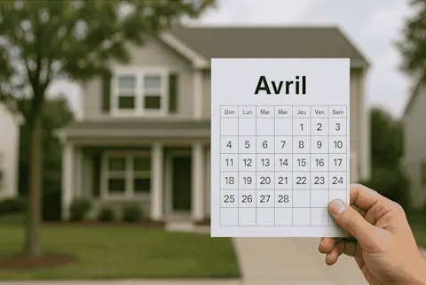 maison style us en fond, en premier plan une main tient un calendrier