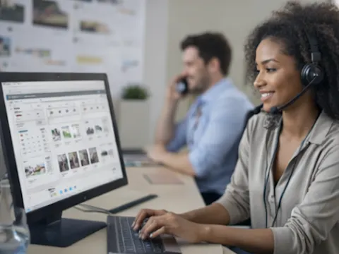 Réunion autour d’un ordinateur pour illustrer la gestion locative à distance d’un bien immobilier