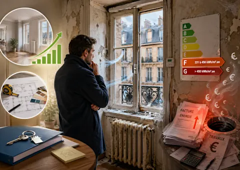 Investisseur observant un logement ancien mal isolé avec étiquette DPE F et G, factures d’énergie et plans de rénovation illustrant les risques financiers d’une passoire thermique.