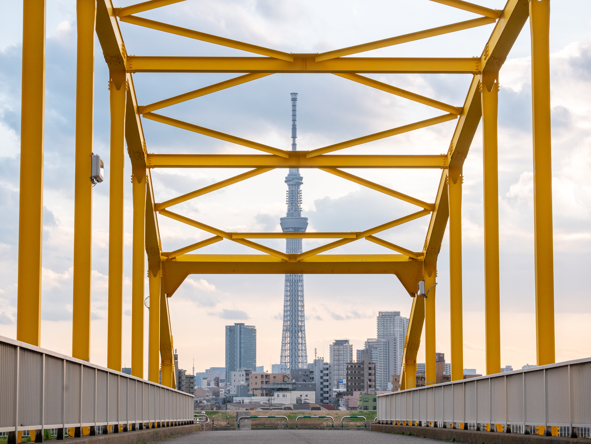 黄色い橋とスカイツリーのコラボレーションフォト 東四つ木避難橋