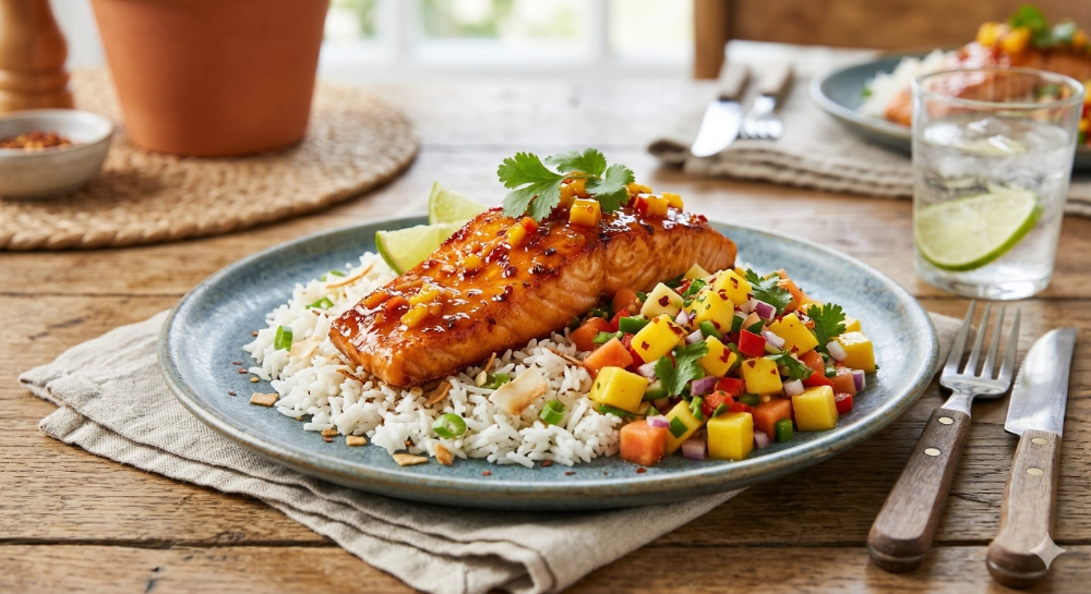 Mango & Papaya Chilli Glazed Salmon
