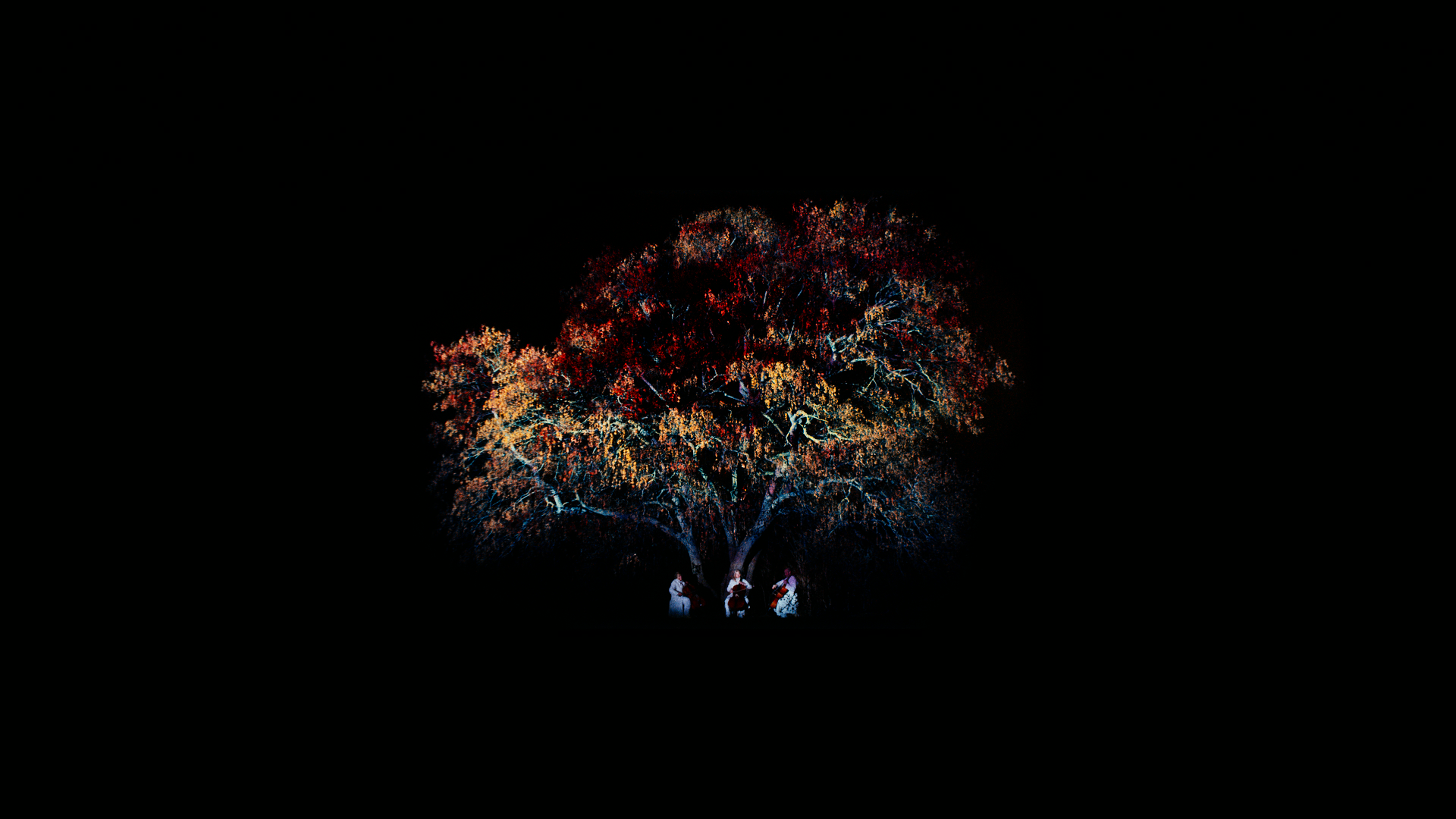 Three cellists in white robes in front of a blooming tree.