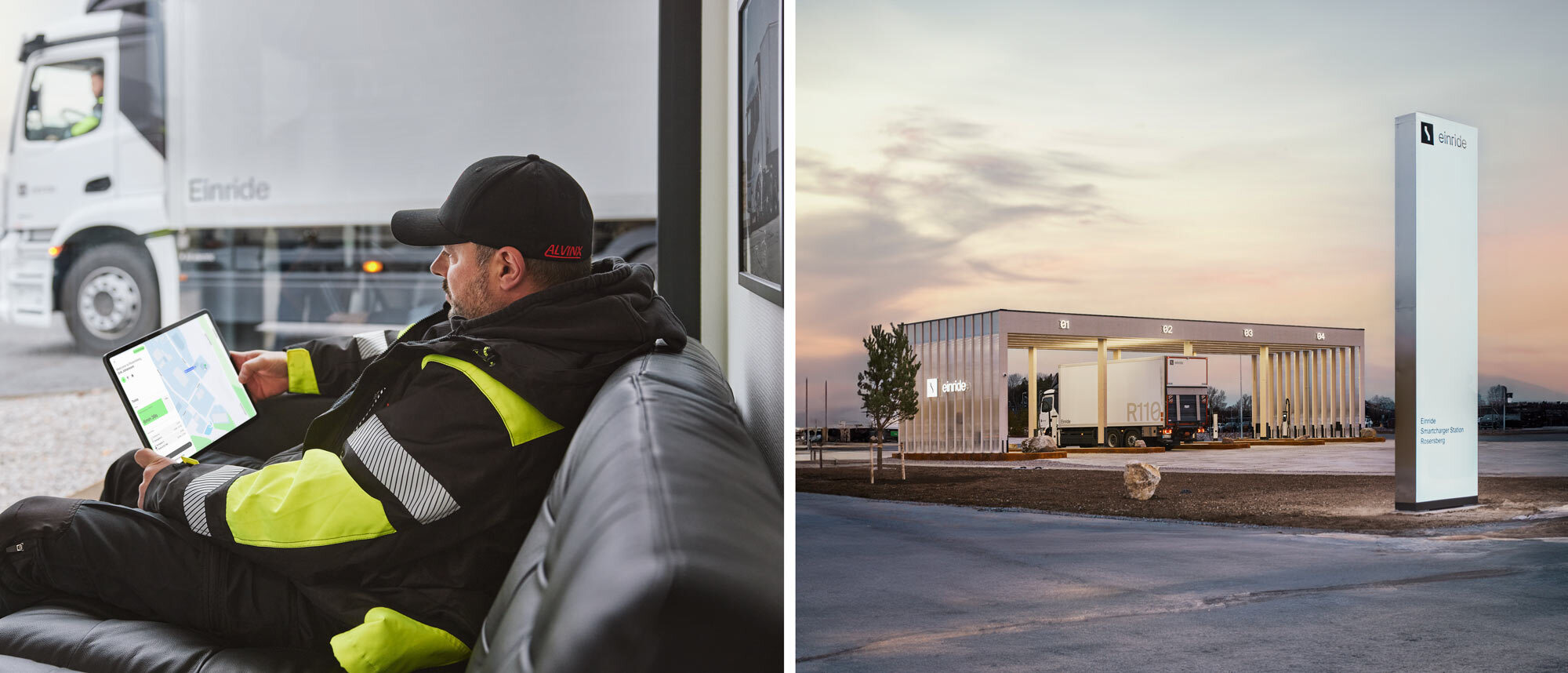 A photo of a driver using Saga and a wide view of one of our charging stations.