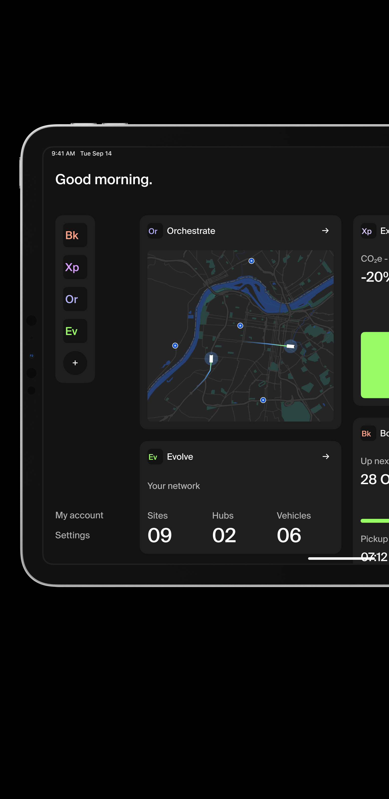 Saga app running on an iPad with the orchestrate and evolve widgets.
