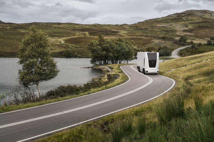 Einride's autonomous vehicle driving on the road of the British countryside