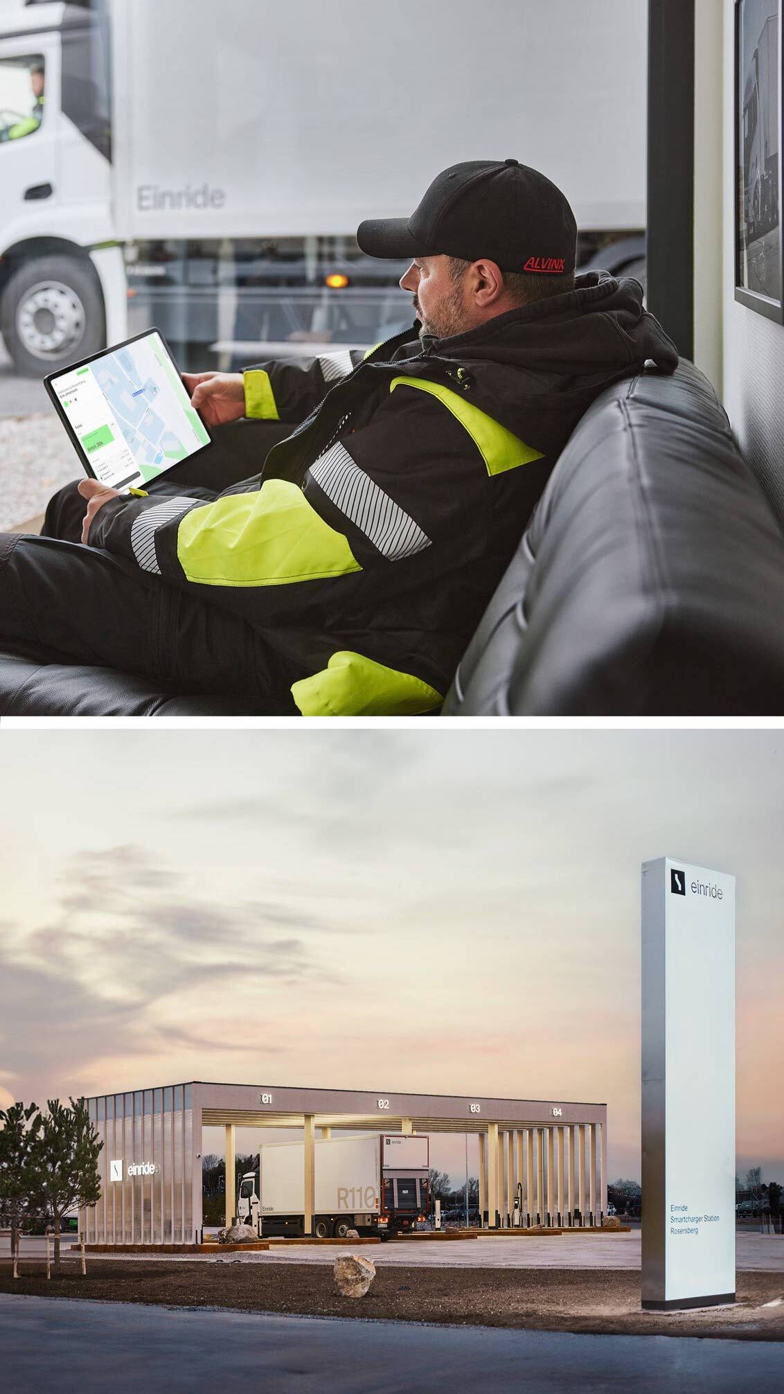 A photo of a driver inside our charging station on top of a photo of the station from the outside.