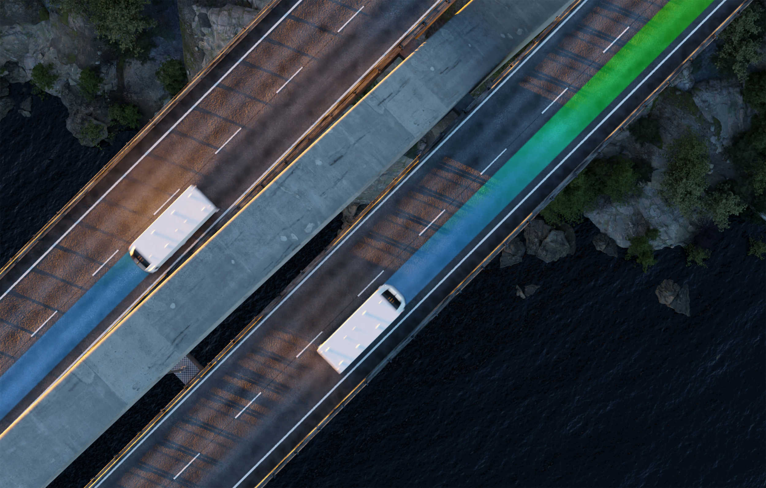 Two pods driving across the Svinesund bridge on the grid illustration
