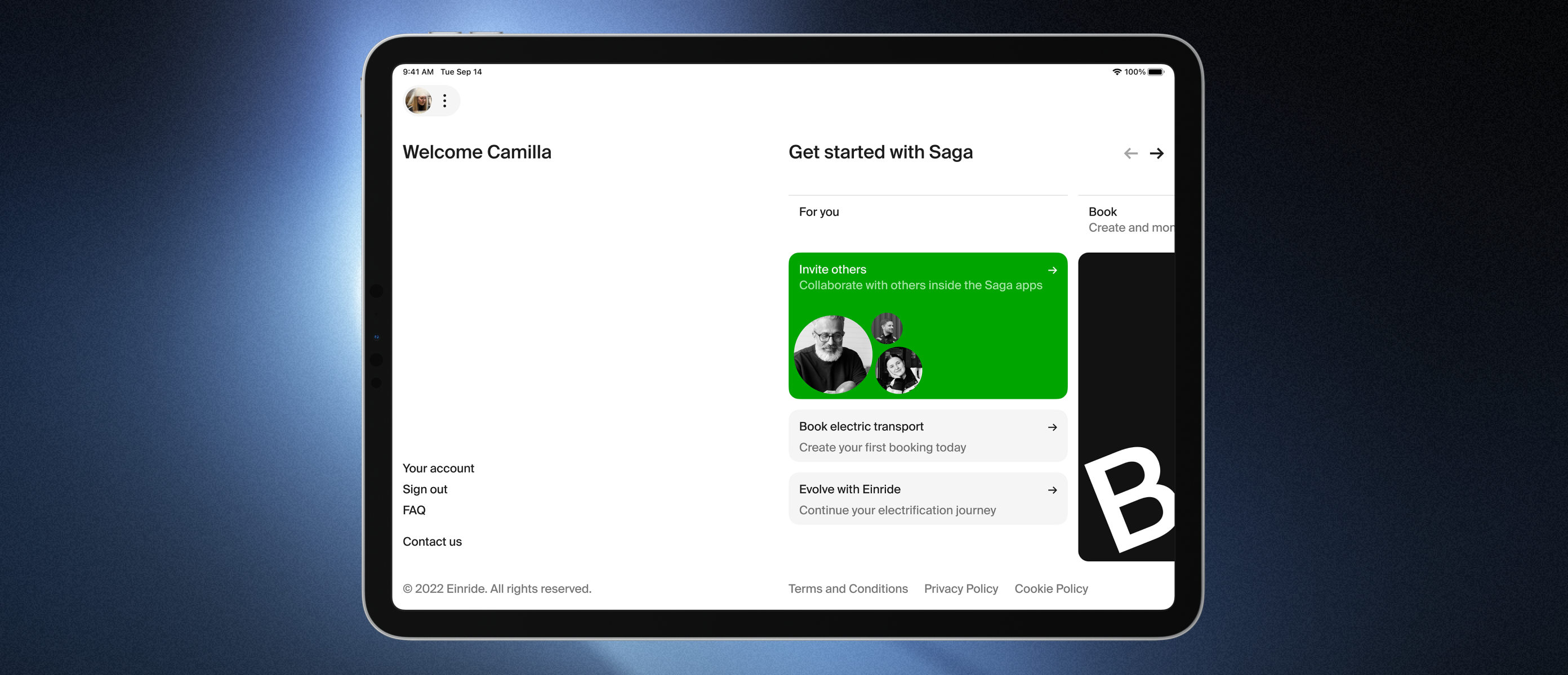 Saga home app running on an iPad.