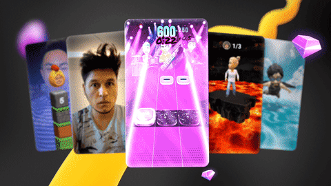 Animated graphic showing Snapchat Lenses with glowing crystals, symbolizing rewards for top-performing Lenses.