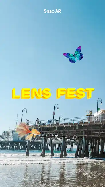 Image of the Santa Monica Pier with floating AR elements and the Lens Fest logo
