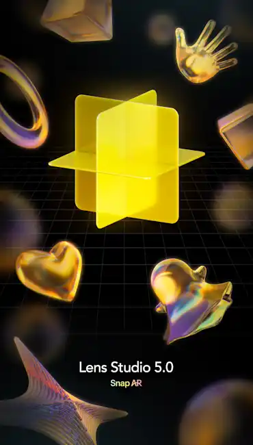 The Lens Studio logo hovers over a grid backdrop, surrounded by shiny, 3D golden objects. The text reads “Lens Studio 5.0, Download Now.”