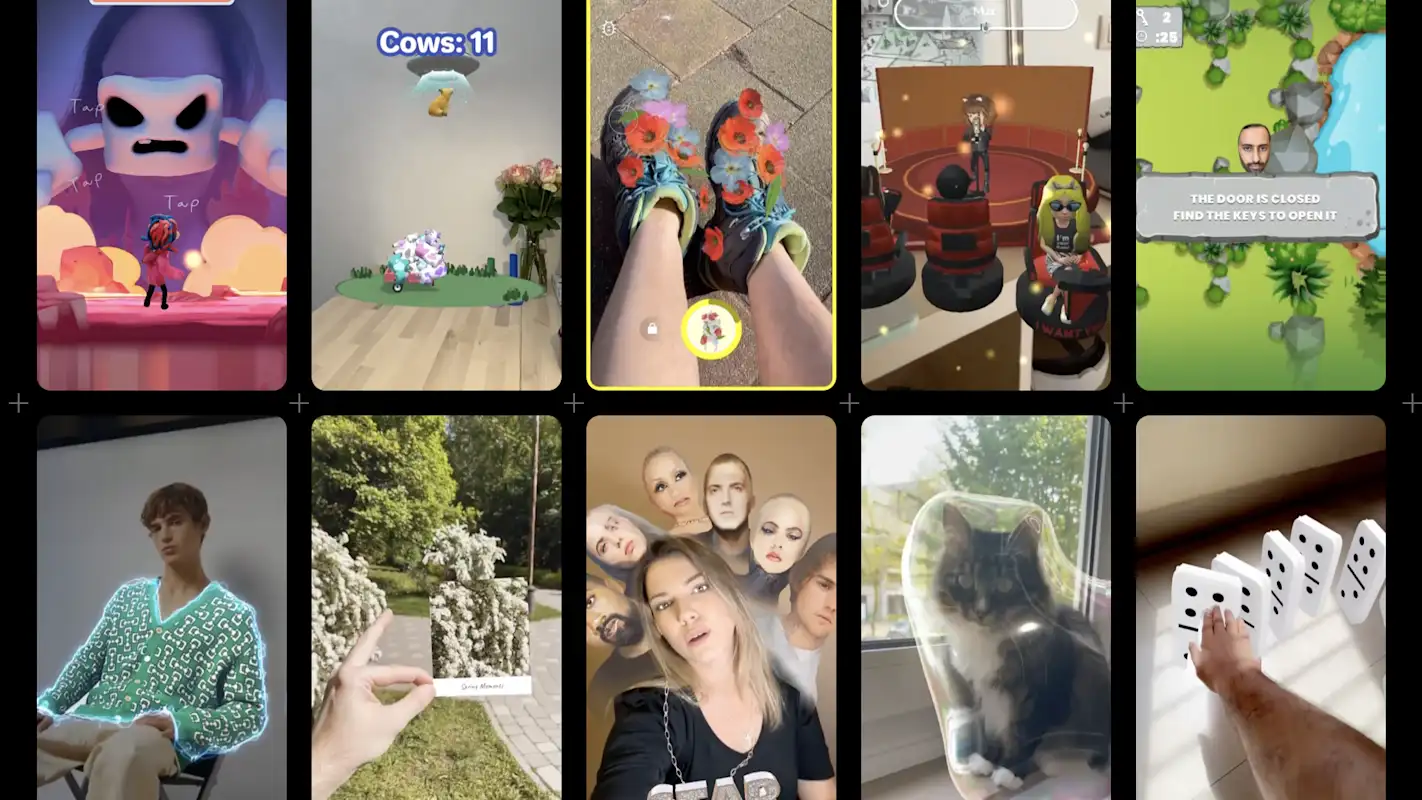 A grid of ten vibrant AR experiences created by Snap Lens Network members, overlaid with the text “Welcome to the Snap Lens Network.” 