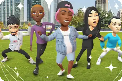 A diverse group of Bitmojis huddle for a photo while posing in a city park with a beautiful skyline backdrop.