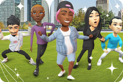 A diverse group of Bitmojis huddle for a photo while posing in a city park with a beautiful skyline backdrop.