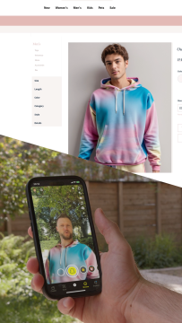 A man tries on a tie-dye hoodie using an AR Fashion Lens created using Garment Transfer 2.0.