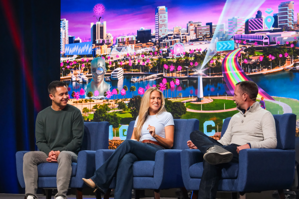 Snap Co-Founder Bobby Murphy on stage with Paige Piskin and Mike Boland at AWE 2024 discussing the public release of Lens Studio 5.0.