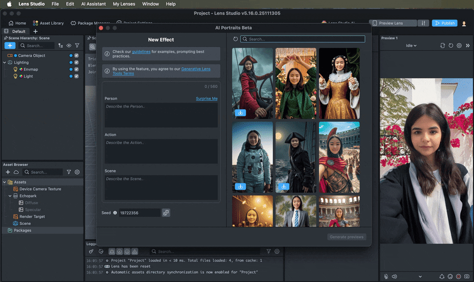 Video of a pirate on the sea face Lens being built in Lens Studio