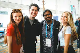 A group photo at AWE with popular Lens Creator Paige Piskin and Snap AR Developer Relations Lead Raag Harshavat.